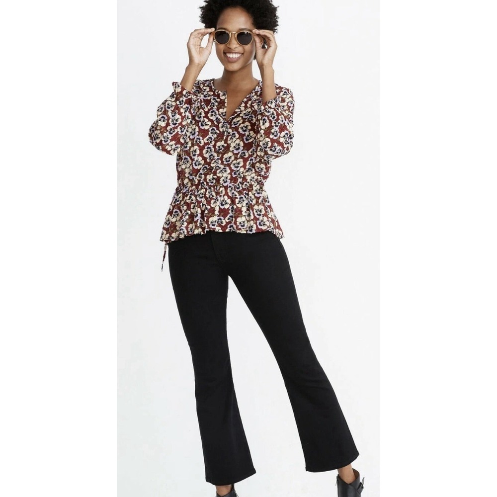 MADEWELL Viola Floral Ruffle Sheer blouse Burgundy Baby Doll Blouse *Size M